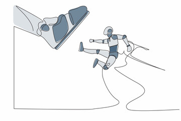 Poster - Continuous one line drawing robot kick giant foot stomp. Robot doing flying kick to big boot. Humanoid cybernetic organism. Future robotic development. Single line design vector graphic illustration