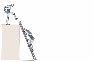 Poster - Continuous one line drawing robot kicking to make rival falling down from top ladder of success. Humanoid cybernetic organism. Future robotic development. Single line draw design vector illustration