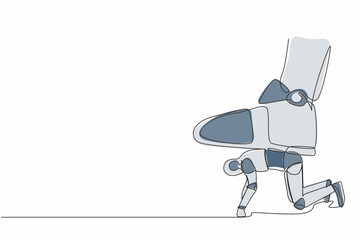 Poster - Single one line drawing robot crawling under giant foot trample. Robot oppressed by the boss with under big shoe. Future technology development. Continuous line draw design graphic vector illustration