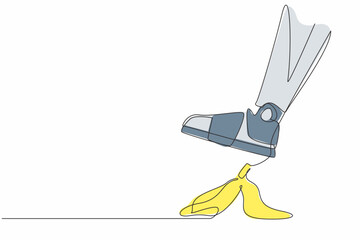 Poster - Continuous one line drawing robot leg step on business banana peel. Imminent danger, banana peel underfoot. Business risk. Humanoid robotic cybernetic organism. Single line design vector illustration