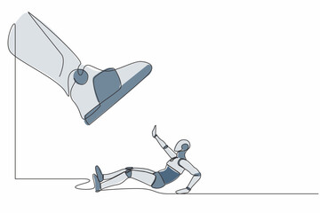 Poster - Continuous one line drawing robot under giant foot. Big boss foot in the shoe going to crush tech. Humanoid robot cybernetic organism. Future robotic. Single line design vector graphic illustration
