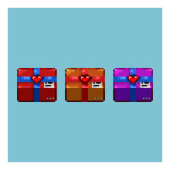Poster - Pixel art sets of valentine's gift box items asset. Red,orange,and purple valentine's gift box on pixelated style.8bits perfect for game asset or design asset element for your game design asset.