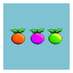 Poster - Pixel art sets of orange fruit items asset. orange,purple,and green round fresh fruit on pixelated style.8bits perfect for game asset or design asset element for your game design asset.