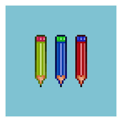 Poster - Pixel art sets of pencil for draw or write items asset. green,blue,and red pencil on pixelated style.8bits perfect for game asset or design asset element for your game design asset.