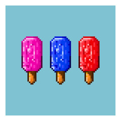 Poster - Pixel art sets of ice cream with variation taste items asset. pink,blue,and red ice cream on pixelated style.8bits perfect for game asset or design asset element for your game design asset.