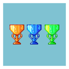 Poster - Pixel art sets of winning cup items asset. golden,blue,and green victory cup on pixelated style.8bits perfect for game asset or design asset element for your game design asset.