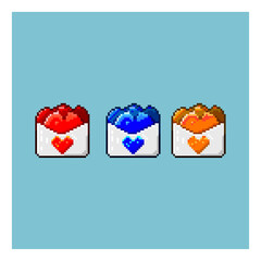 Poster - Pixel art sets of mail with heart inside items asset. red,blue,and orange mail message of love on pixelated style.8bits perfect for game asset or design asset element for your game design asset.