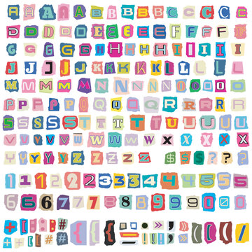 Vector Ransom Note Font Cut Paper Letters, Numbers, Symbols. Cutout letters numbers and symbols from newspapers and magazines. Paper style ransom note letters. Blackmail Ransom Kidnapper letters 