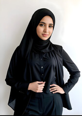 Wall Mural - woman in a black suit, business woman, muslim business woman in the hijab a black suit black shirt and black pants posing suit