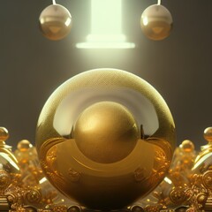 Poster - 3d glassy golden colored sphere shapes, minimal concept background. Ideal for luxurious and scientific designs, nano technology, microbiology, chemistry, biology, etc. Ai generated art.