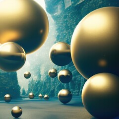 Aufkleber - 3d glassy golden colored sphere shapes, minimal concept background. Ideal for luxurious and scientific designs, nano technology, microbiology, chemistry, biology, etc. Ai generated art.