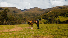Arriero Peruano Con Chullo Y Su Caballo Durante Una Mañana En La Sierra, Naturaleza, Estilo De Vida