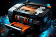 Hyper realistic of the space cartels white printer and paper blue and orange document, black background, futuristic