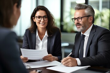 Wall Mural - Business woman attorney showing document to man client providing advisory services, professionals discussing tax papers in office at meeting. Legal consultancy concept. generative AI