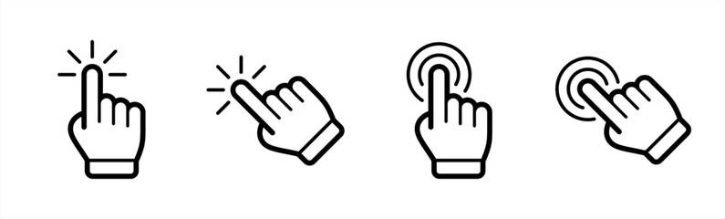 Fototapete - Hand click icon set in line style. Click here, Hand clicking, finger, Touch screen, pointer, cursor, gesture, mouse press push simple black style symbol sign for apps and website, vector illustration.