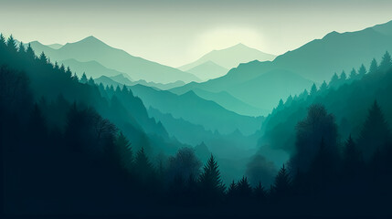 Wall Mural - Dark blue mountain landscape with fog and forest, generative AI.