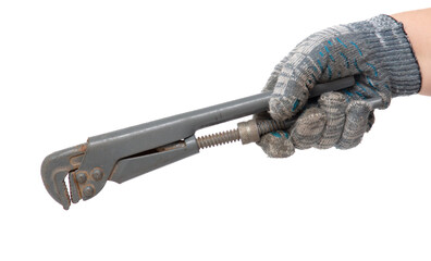 Wall Mural - Plumber's hand in glove holding a pipe wrench isolated on white background