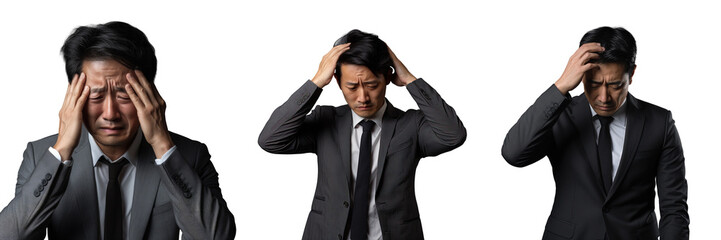 Wall Mural - A tired and depressed Asian businessman appears gloomy clutching his head against a transparent background