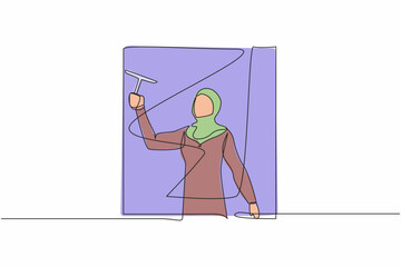 Wall Mural - Continuous one line drawing young Arabian woman cleaning windows with glass cleaner tools. Washing windows with bucket, detergent, wet rag. Daily housework. Single line draw design vector illustration