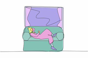 Wall Mural - Single continuous line drawing young Arab woman lying on sofa near windowsill. Female resting in room near window. Spending time at home, relaxing after work. One line draw design vector illustration