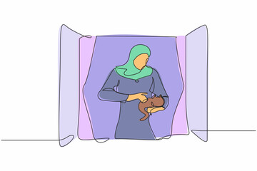 Poster - Single one line drawing Arab woman holding cat and looking through window. Stay home and play with her pet. Stay safe during pandemic. Coronavirus. Continuous line design graphic vector illustration