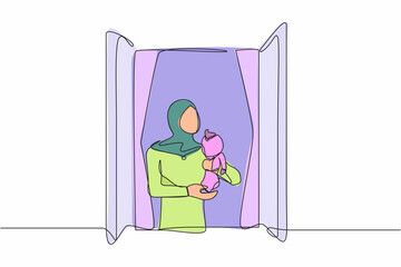 Poster - Single continuous line drawing Arab female holding newborn baby near window. Child lies on in mom's arms. Woman taking care of kid. Mother on maternity leave. One line draw design vector illustration