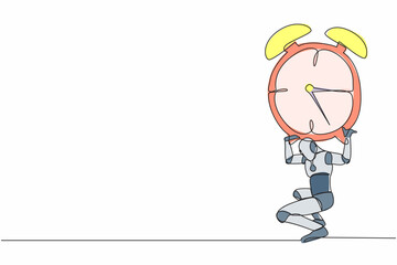 Poster - Single one line drawing tired robot carrying heavy alarm clock on his back. Work pressure at tech business project. Robotic artificial intelligence. Continuous line graphic design vector illustration