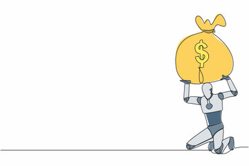 Poster - Continuous one line drawing tired robot carrying heavy money bag on his back. Finance crisis money fall down. Economic crash due to pandemic. Future technology. Single line design vector illustration