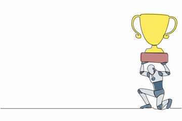Poster - Continuous one line drawing tired robot carrying heavy trophy on his back. Robot fail to achieve goals. Delayed operation at factory. Future robotic development. Single line design vector illustration