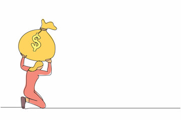 Poster - Continuous one line drawing Arab businesswoman carrying heavy money bag on her back. Finance crisis money fall down. Economic crash due to pandemic. Single line draw design vector graphic illustration
