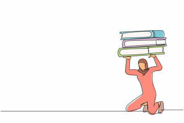 Poster - Single continuous line drawing Arabian businesswoman carrying heavy pile of paper folder on her back. Stressed employee with paperwork pressure. Overworked worker. One line design vector illustration