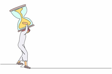 Poster - Single continuous line drawing Arab businessman carrying heavy hourglass on his back. Office manager with deadline problem. Schedule of business tasks. One line draw graphic design vector illustration