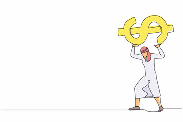Poster - Continuous one line drawing Arabian businessman carry heavy dollar symbol on his back. Overworked office manager due to economic crisis, debt pressure. Single line design vector graphic illustration