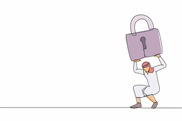 Poster - single one line drawing arab businessman carrying heavy padlock on his back. unemployment or debt pr