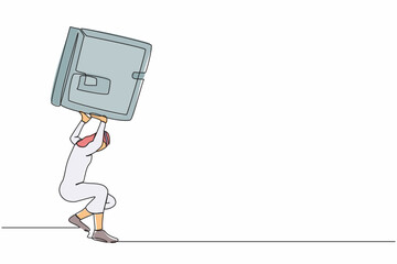 Poster - single one line drawing arabian businessman carrying heavy safe deposit box on his back. losing mone