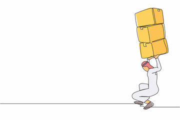 Poster - Single continuous line drawing Arabian businessman carrying heavy pile of boxes on his back. Stress at work. Bureaucracy, paperwork, big data concept. One line draw graphic design vector illustration