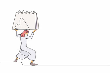 Poster - Single one line drawing Arab businessman carrying heavy calendar on his back. Burnout syndrome. Stress at work, emotional exhaustion, feeling drained. Continuous line draw design vector illustration