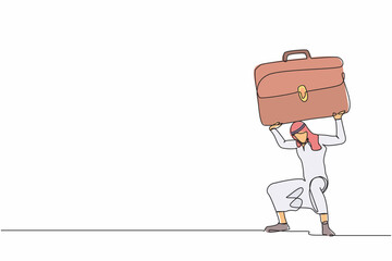 Poster - Continuous one line drawing Arabian businessman carrying briefcase on his back. Difficulty business task. Pressure workload. Anxiety from work, overload. Single line graphic design vector illustration