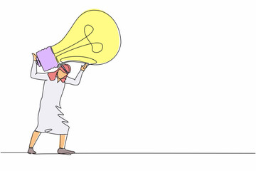 Poster - Single one line drawing Arab businessman carrying heavy light bulb on his back. Losing idea or vision after business failure. Exhausted from crisis. Continuous line graphic design vector illustration