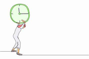 Poster - Single continuous line drawing Arab businessman carrying clock on his back. Stressed worker working under pressure to completed business project deadline. One line graphic design vector illustration