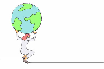 Poster - Continuous one line drawing Arab businessman carrying heavy globe on his back. Natural resources responsibility, earth exploitation, industrial pollution. Single line draw design vector illustration
