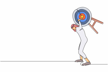 Poster - Single continuous line drawing Arabian businessman carrying heavy bullseye target on his back. Hard work achieve business mission. Exhausted challenge to win. One line draw design vector illustration
