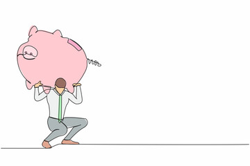 Poster - Single continuous line drawing exhausted businessman carrying heavy piggy bank on his back. Manager with financial problems. Losing money in economic crisis. One line draw design vector illustration