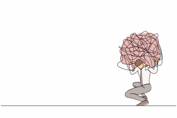Poster - Single continuous line drawing exhausted businessman carrying heavy messy line on his back. Anxiety from work difficulty and overload, problem in economic crisis. One line design vector illustration