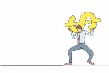 Poster - Single one line drawing exhausted businessman carrying heavy dollar symbol on his back. Overworked worker with debt pressure. Financial crisis problem. Continuous line draw design vector illustration