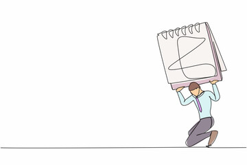 Poster - Continuous one line drawing exhausted businessman carrying heavy calendar on his back. Burnout syndrome. Stressed at work, emotional, feeling depressed. Single line design vector graphic illustration