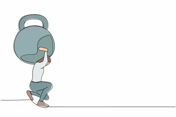 Poster - Single one line drawing exhausted businessman carrying heavy kettlebell on his back. Tension, heaviness in business life. Overwork, stress, time management. Continuous line design vector illustration