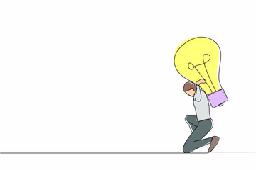 Poster - single continuous line drawing exhausted businessman carrying heavy light bulb on his back. uninspir
