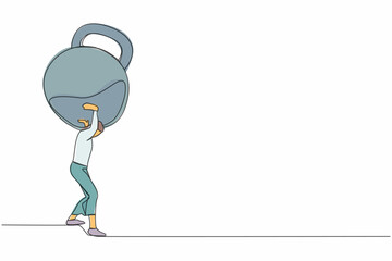 Poster - Single continuous line drawing frustrated businesswoman carrying kettlebell on her back. Financial crisis and credit payment. Mental stress, bankruptcy, debt. One line draw design vector illustration
