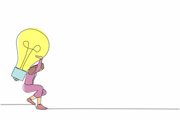 Poster - single continuous line drawing frustrated businesswoman carrying light bulb on her back. no idea or 